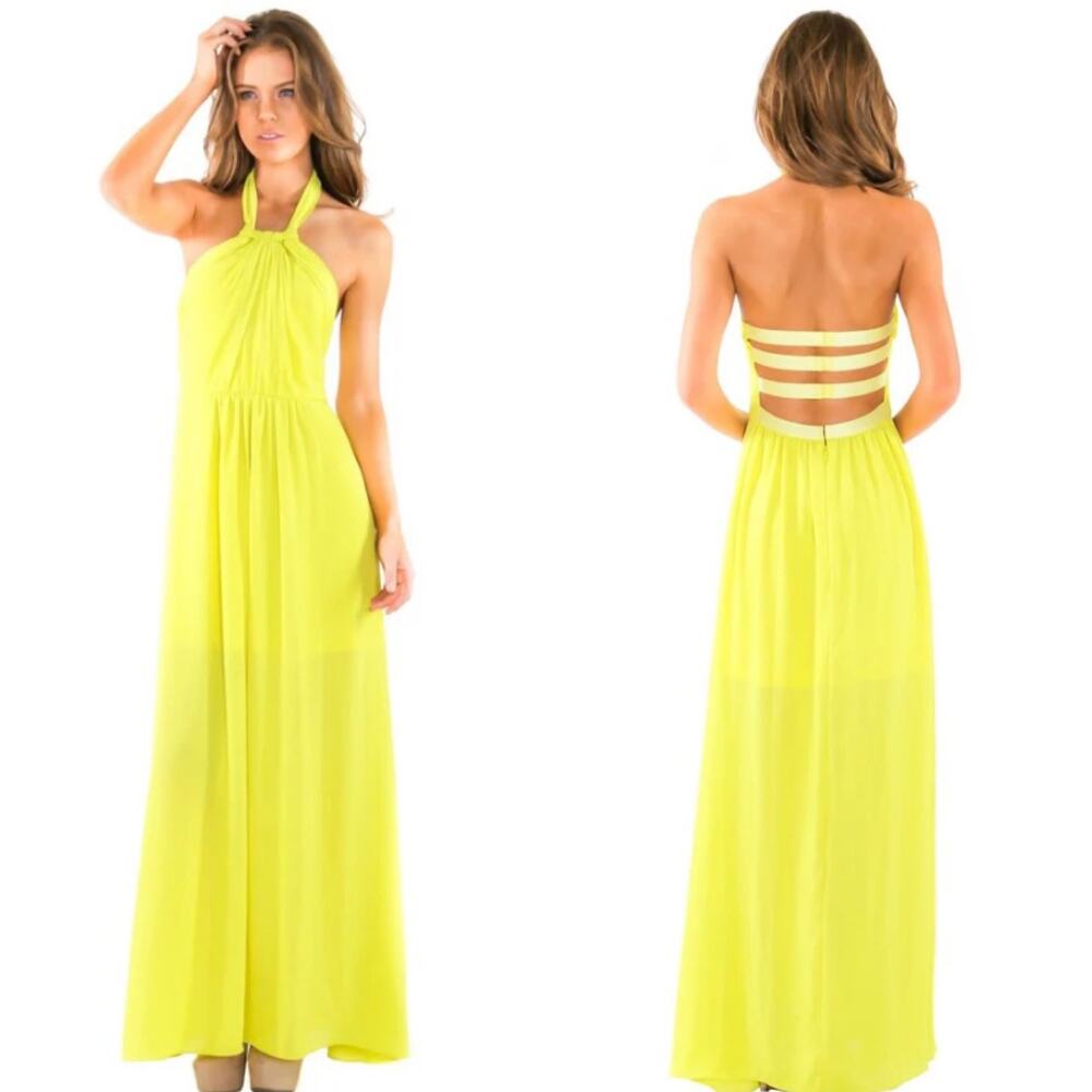 WOW Couture Halter Chiffon Overlay Maxi Dress Lemon Lime Yellow Size Medium EUC